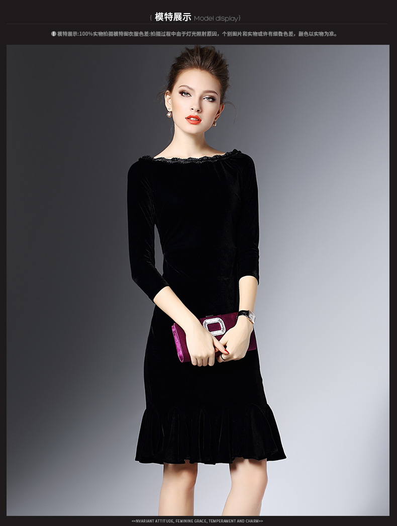 SZ60039 Black Velvet Flounce Bateau Boat Neck Midi Dress